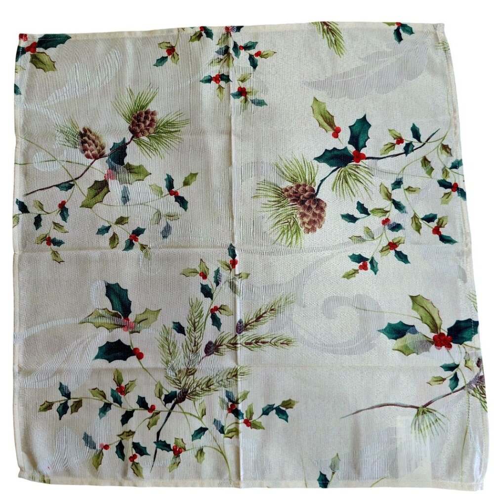 St Nicholas Alpine Season Fabric Napkins 19" set/4 ivory pinecones berries Xmas
